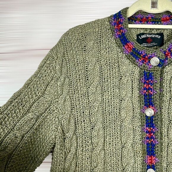 Lost Horizons Nepal Olive Green Wool Nordic Hand Knitted Cardigan Sweater L - Picture 4 of 12